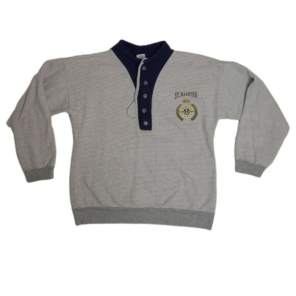 VINTAGE 90s St Maarten gray micro striped quarter button‎ sweatshirt top M - Picture 1 of 11